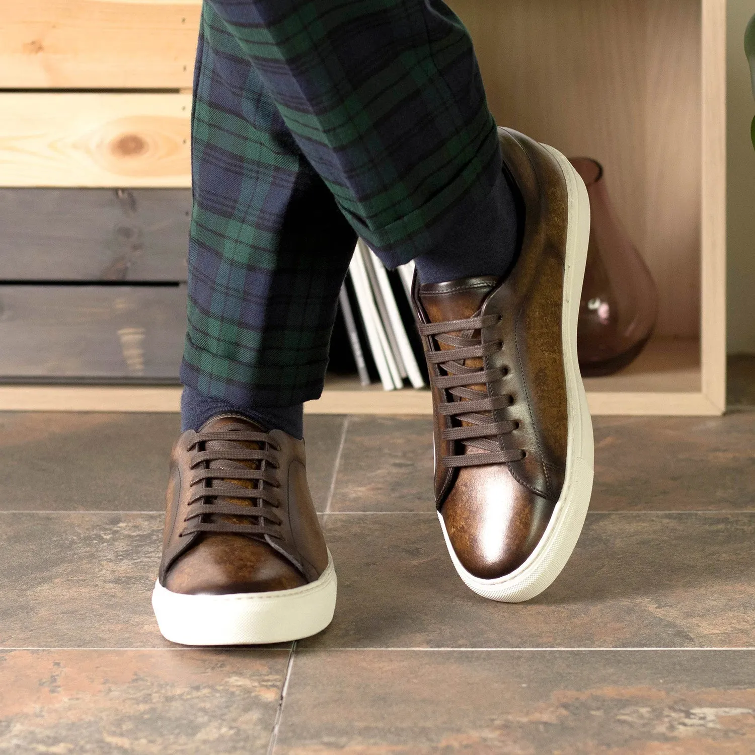 Ambrogio Bespoke Men's Shoes Brown Patina Leather Trainer Sneakers (AMB2438)