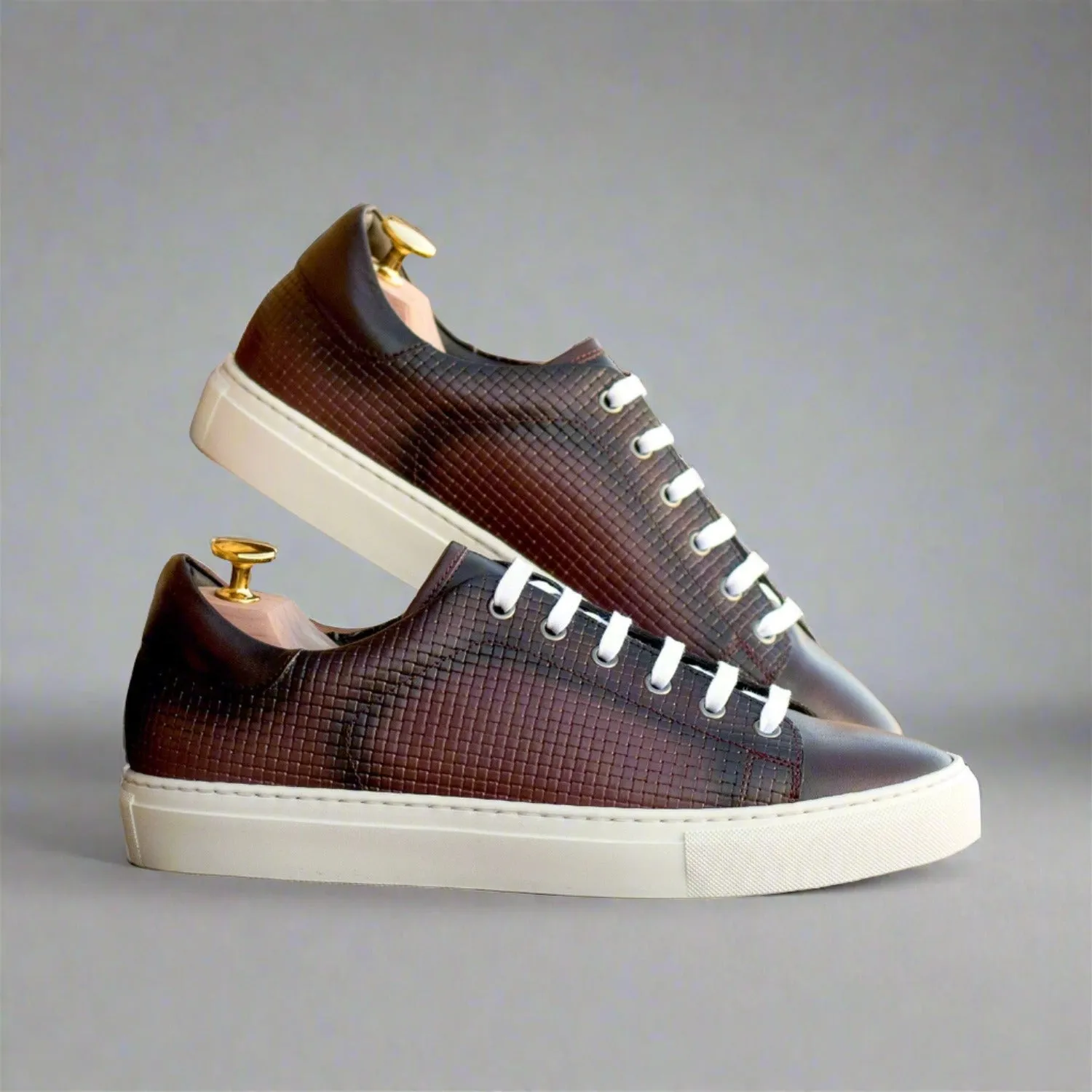 Ambrogio Bespoke Men's Shoes Burgundy Calf-Skin / Woven Leather Trainer Sneakers (AMB2484)