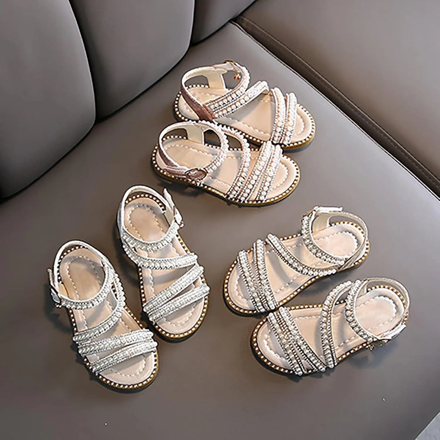 Baby Girls Pearl Sequins Sandals Soft Sole Dress Shoes for Toddler Kids Christmas Pageant Party Sparkly Princess Flats
