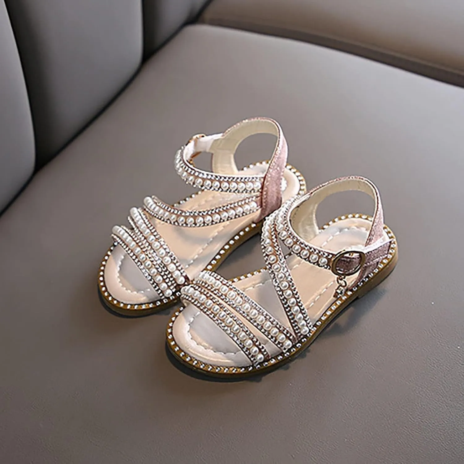 Baby Girls Pearl Sequins Sandals Soft Sole Dress Shoes for Toddler Kids Christmas Pageant Party Sparkly Princess Flats