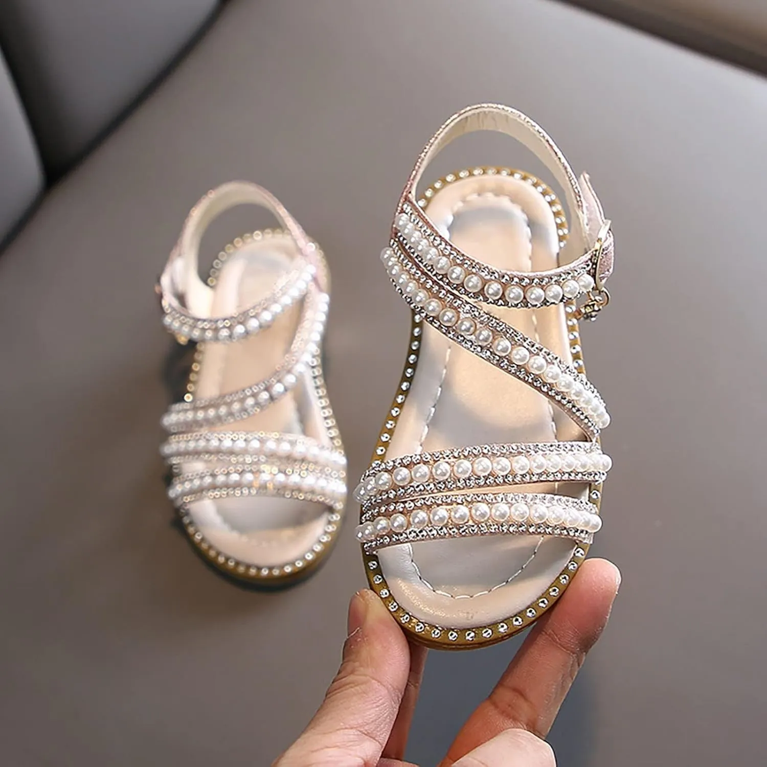 Baby Girls Pearl Sequins Sandals Soft Sole Dress Shoes for Toddler Kids Christmas Pageant Party Sparkly Princess Flats