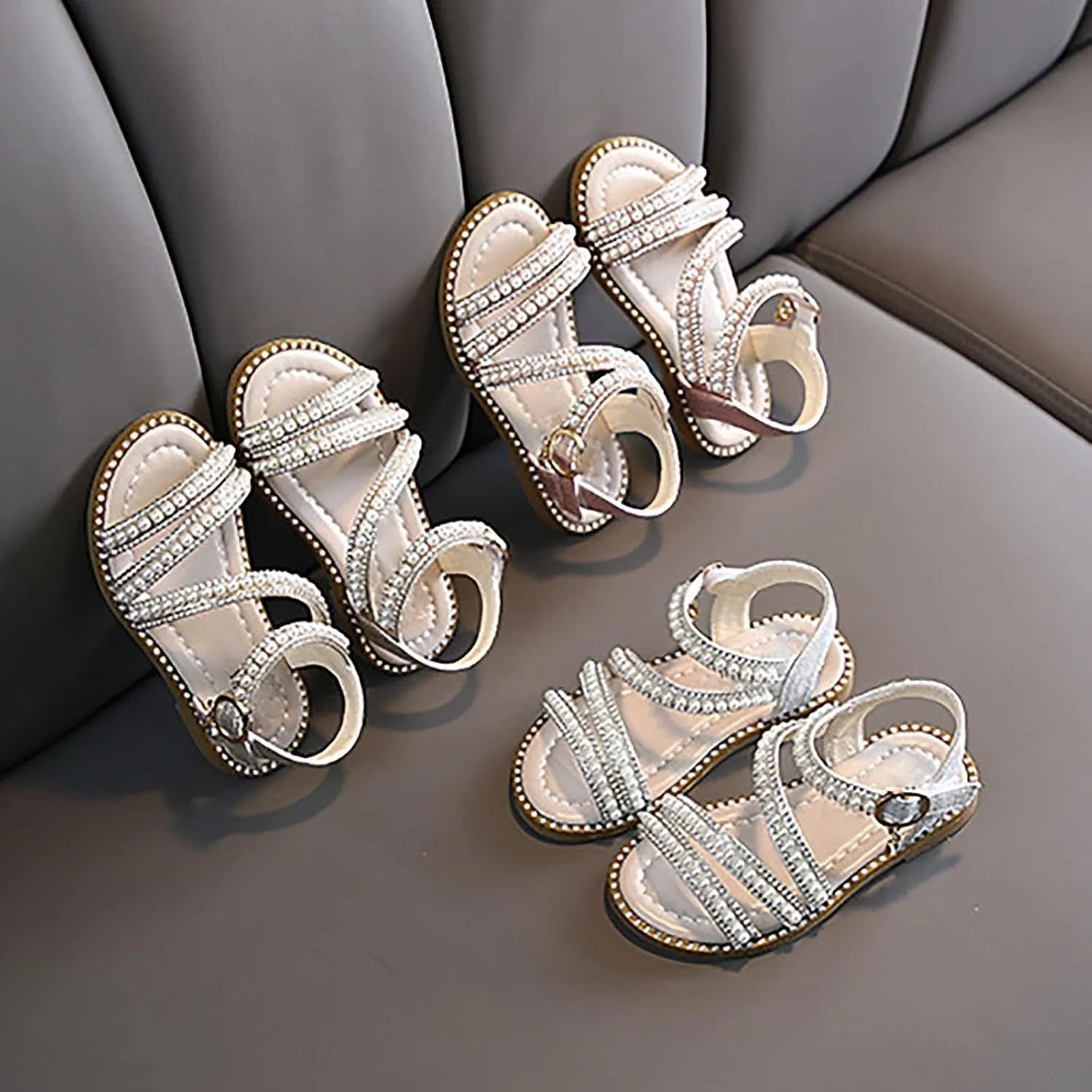Baby Girls Pearl Sequins Sandals Soft Sole Dress Shoes for Toddler Kids Christmas Pageant Party Sparkly Princess Flats