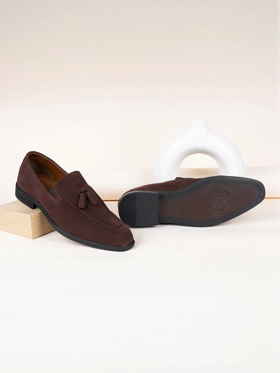 Brunette Brown Italian Suede Leather Tassel Moccasin Shoes