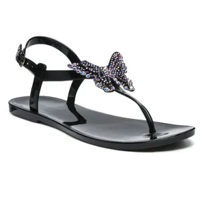 Butterfly T Strap Flat Sandals in Black