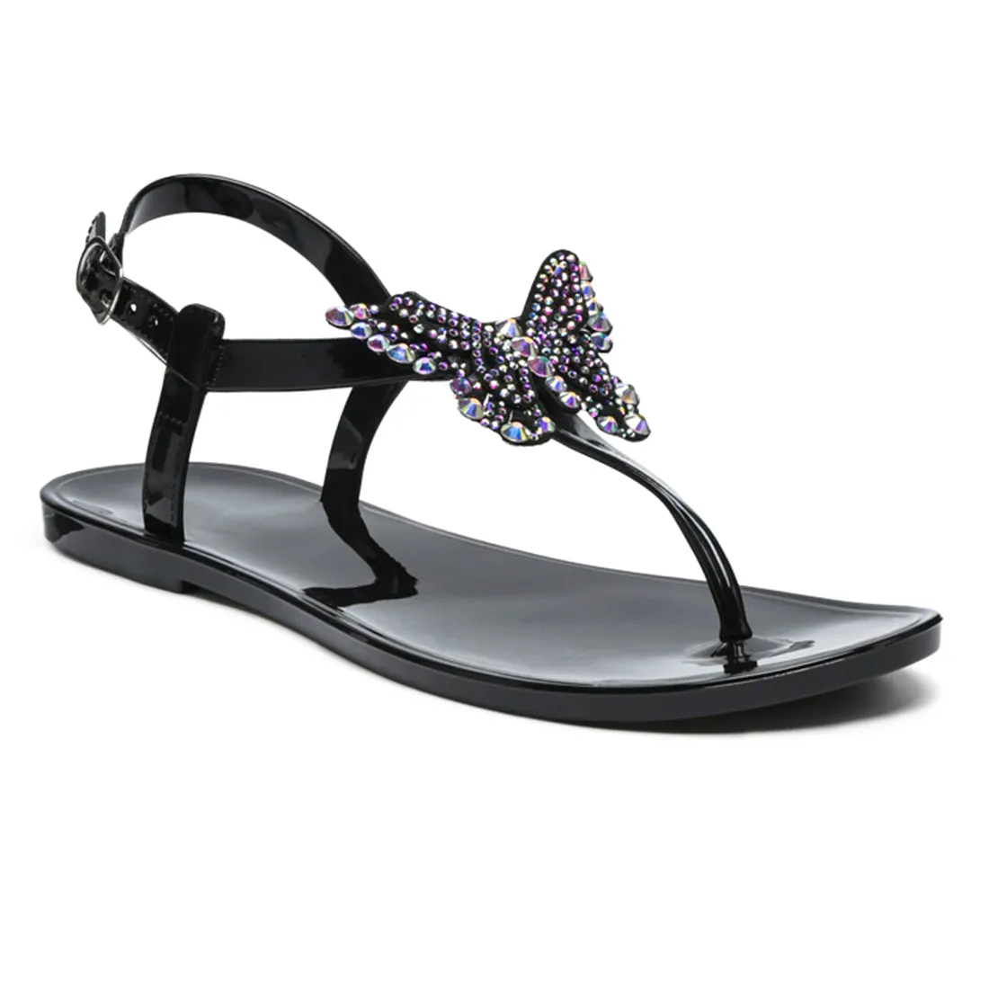 Butterfly T Strap Flat Sandals in Black