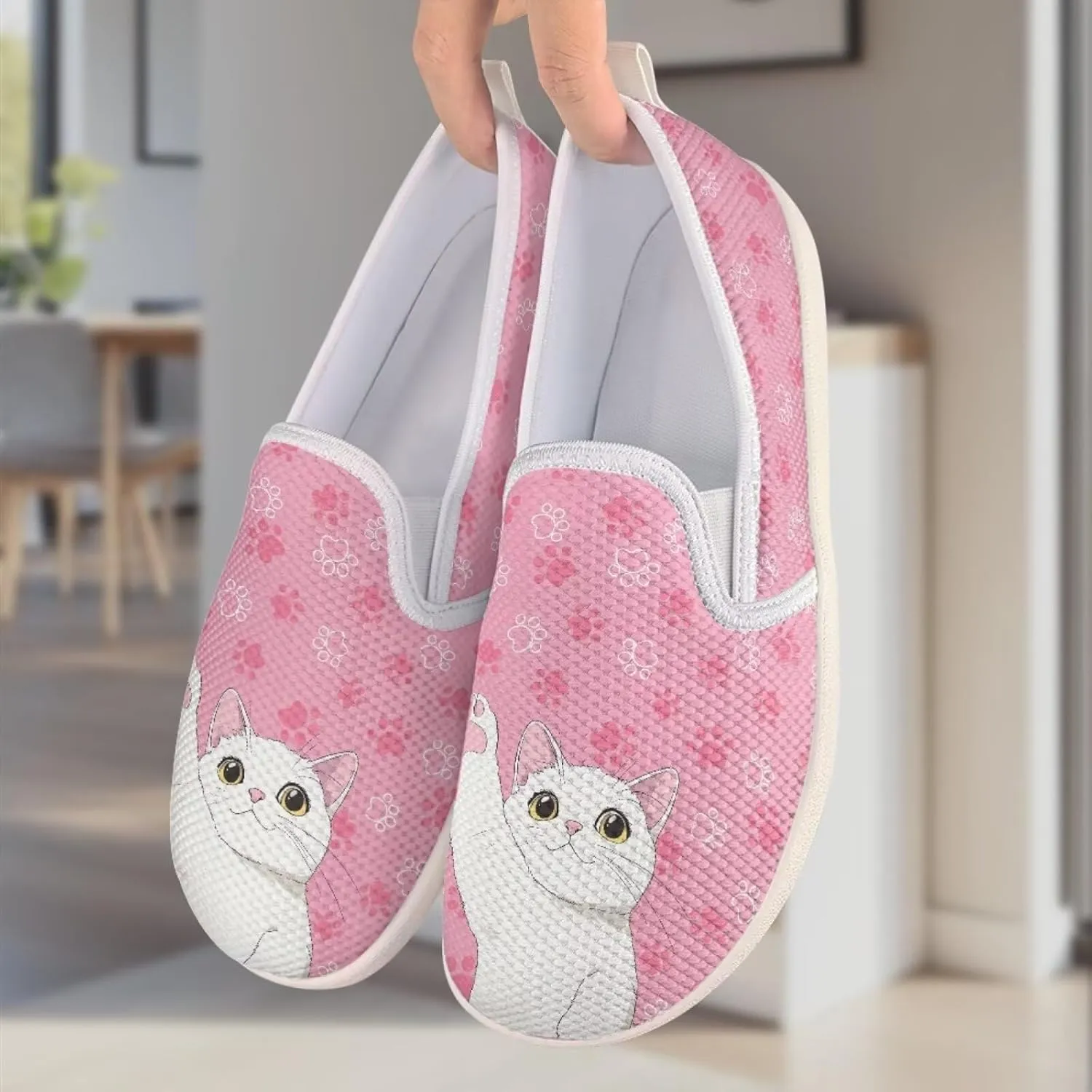 Cat Print Outdoor Shoes Fashion Work Flat Mesh Business Shoes Slip On Leisure Loafer for Women