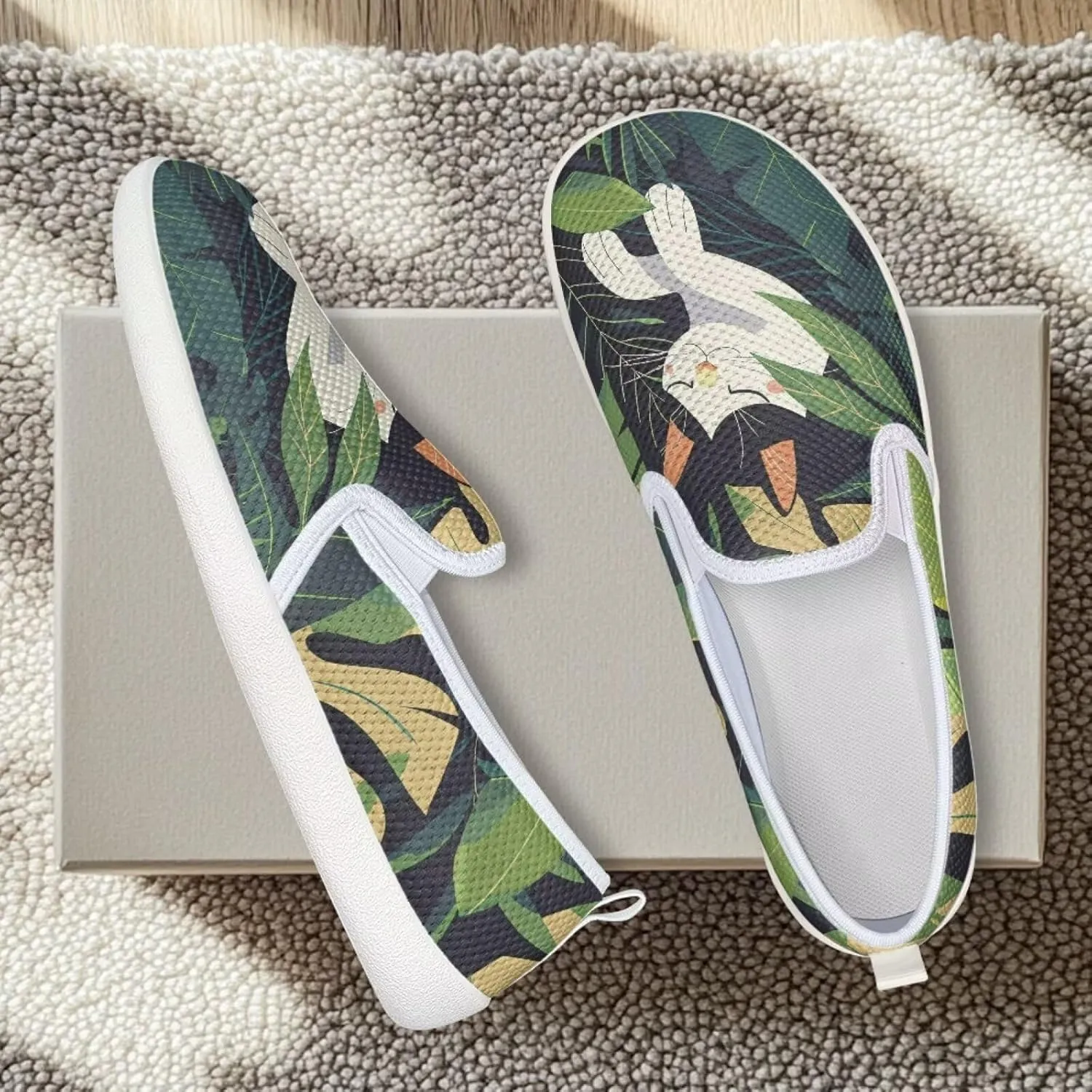 Cat Print Outdoor Shoes Fashion Work Flat Mesh Business Shoes Slip On Leisure Loafer for Women