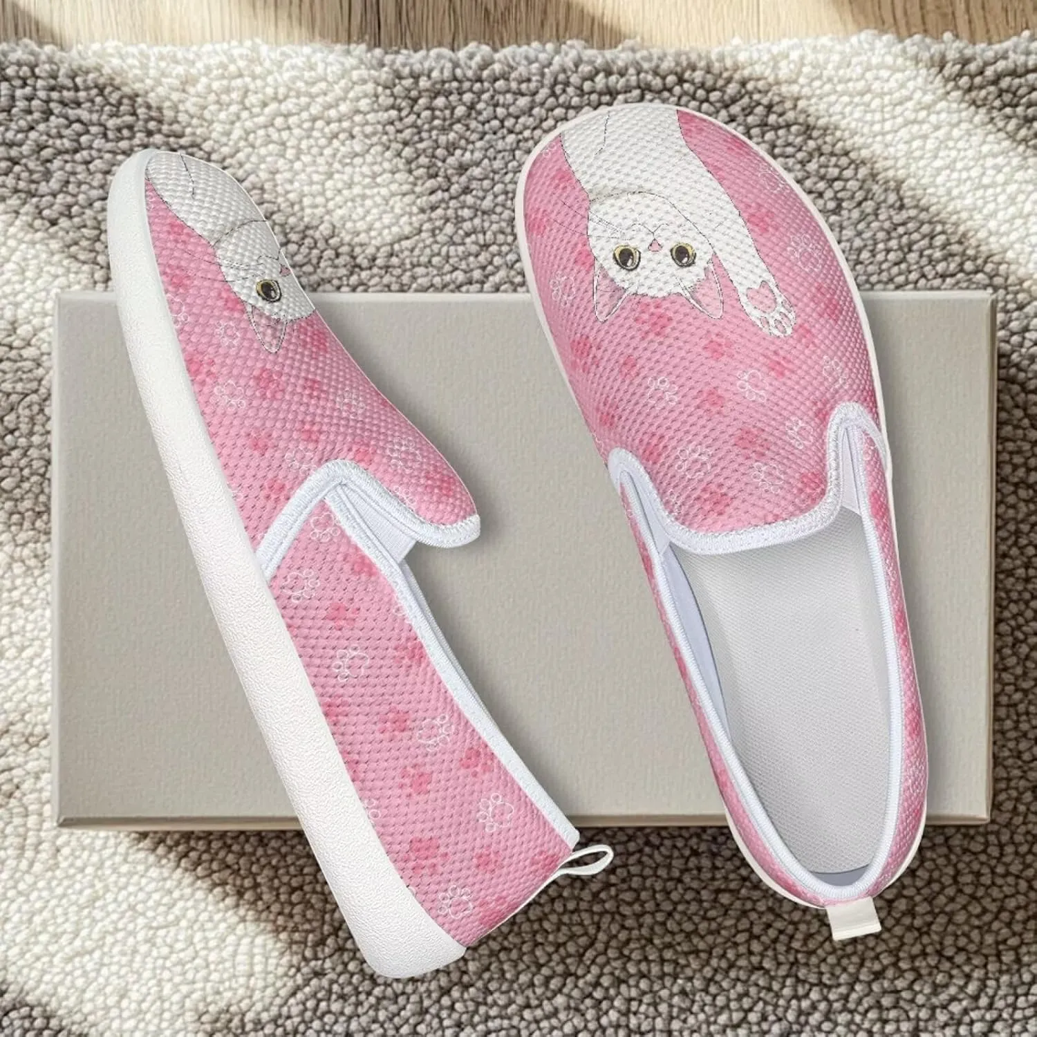 Cat Print Outdoor Shoes Fashion Work Flat Mesh Business Shoes Slip On Leisure Loafer for Women