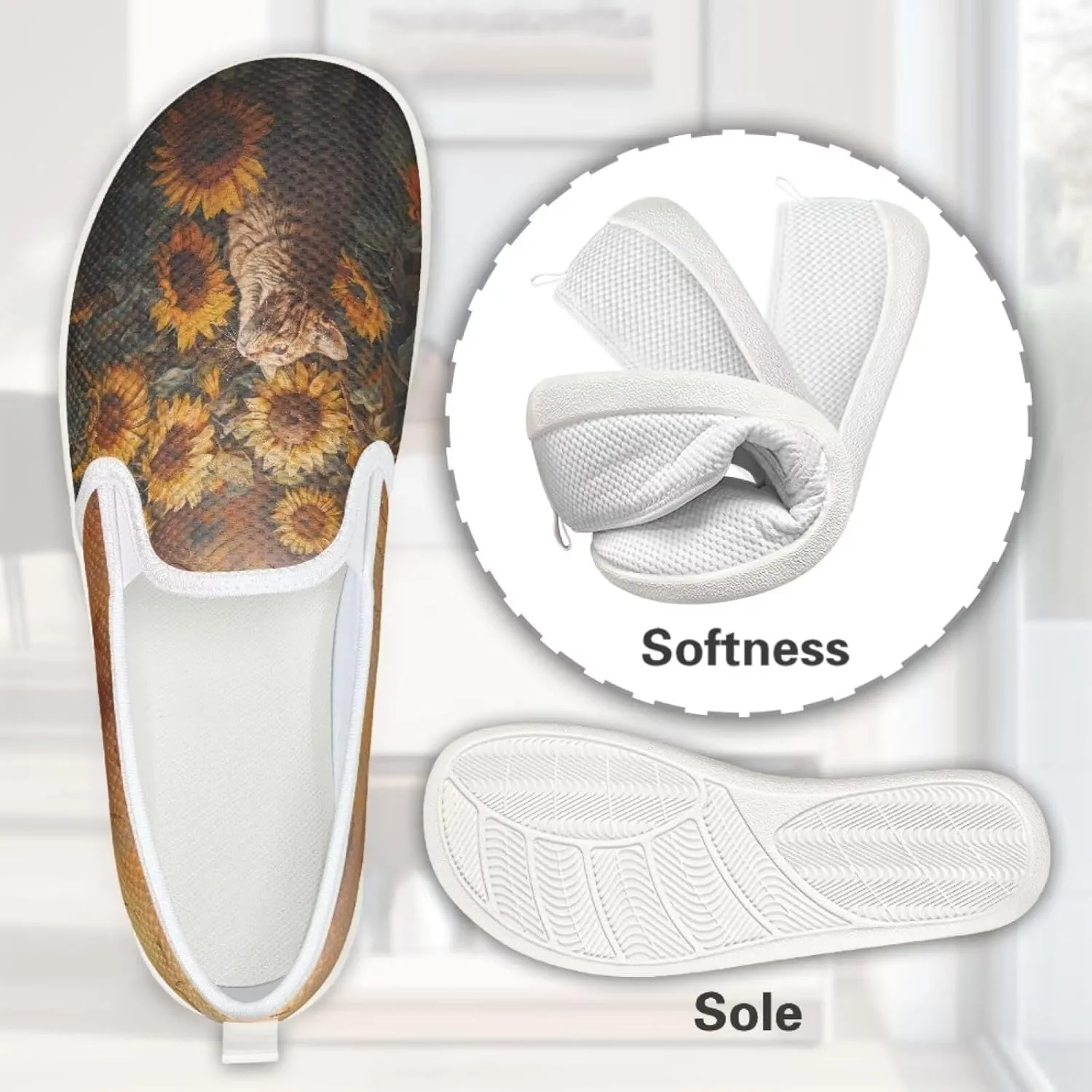 Cat Print Outdoor Shoes Fashion Work Flat Mesh Business Shoes Slip On Leisure Loafer for Women