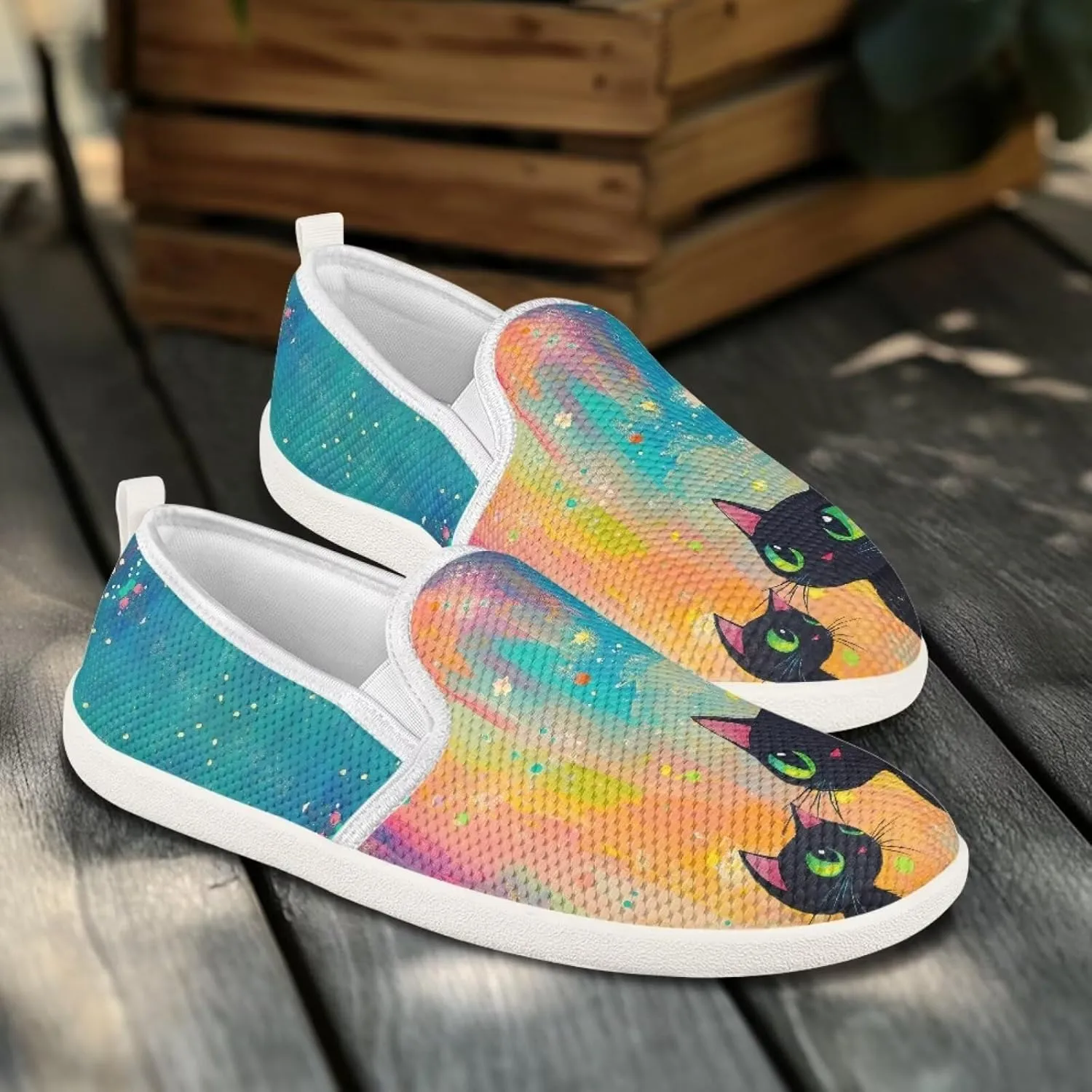 Cat Print Outdoor Shoes Fashion Work Flat Mesh Business Shoes Slip On Leisure Loafer for Women