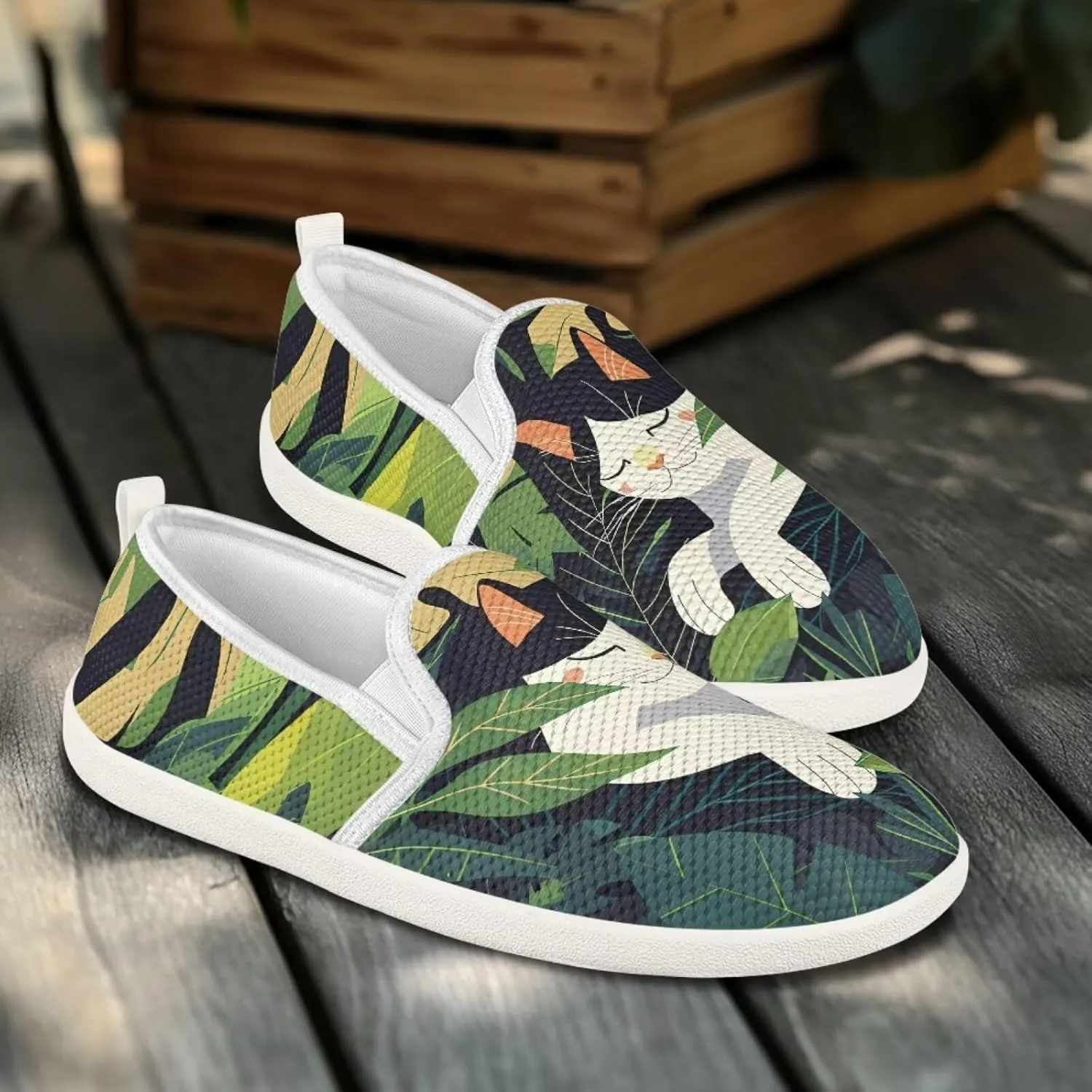 Cat Print Outdoor Shoes Fashion Work Flat Mesh Business Shoes Slip On Leisure Loafer for Women