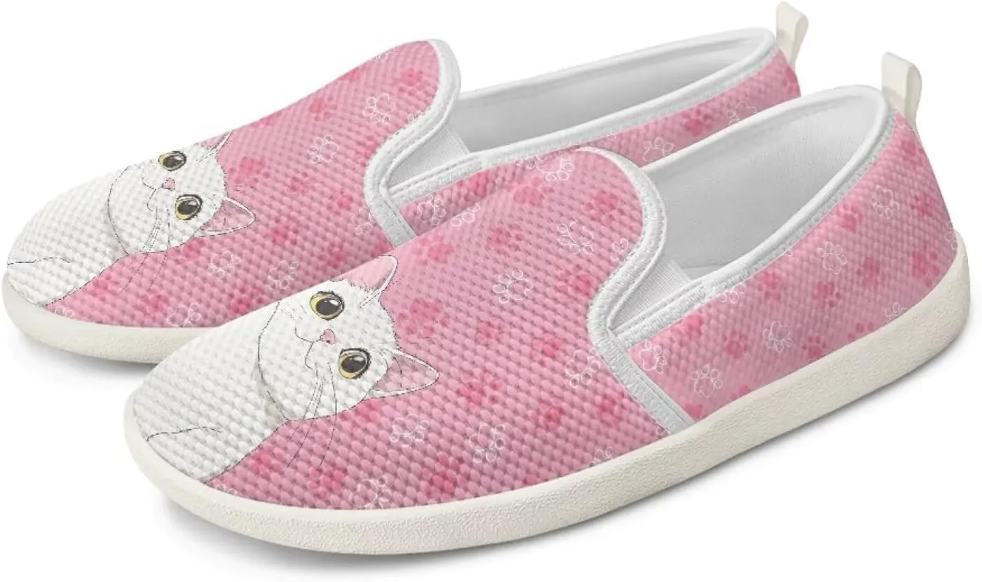Cat Print Outdoor Shoes Fashion Work Flat Mesh Business Shoes Slip On Leisure Loafer for Women