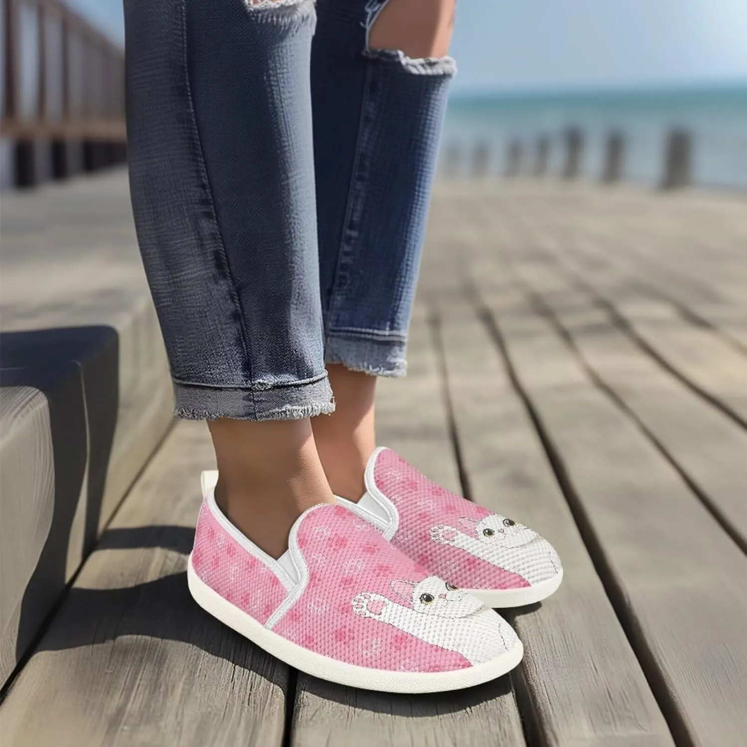 Cat Print Outdoor Shoes Fashion Work Flat Mesh Business Shoes Slip On Leisure Loafer for Women