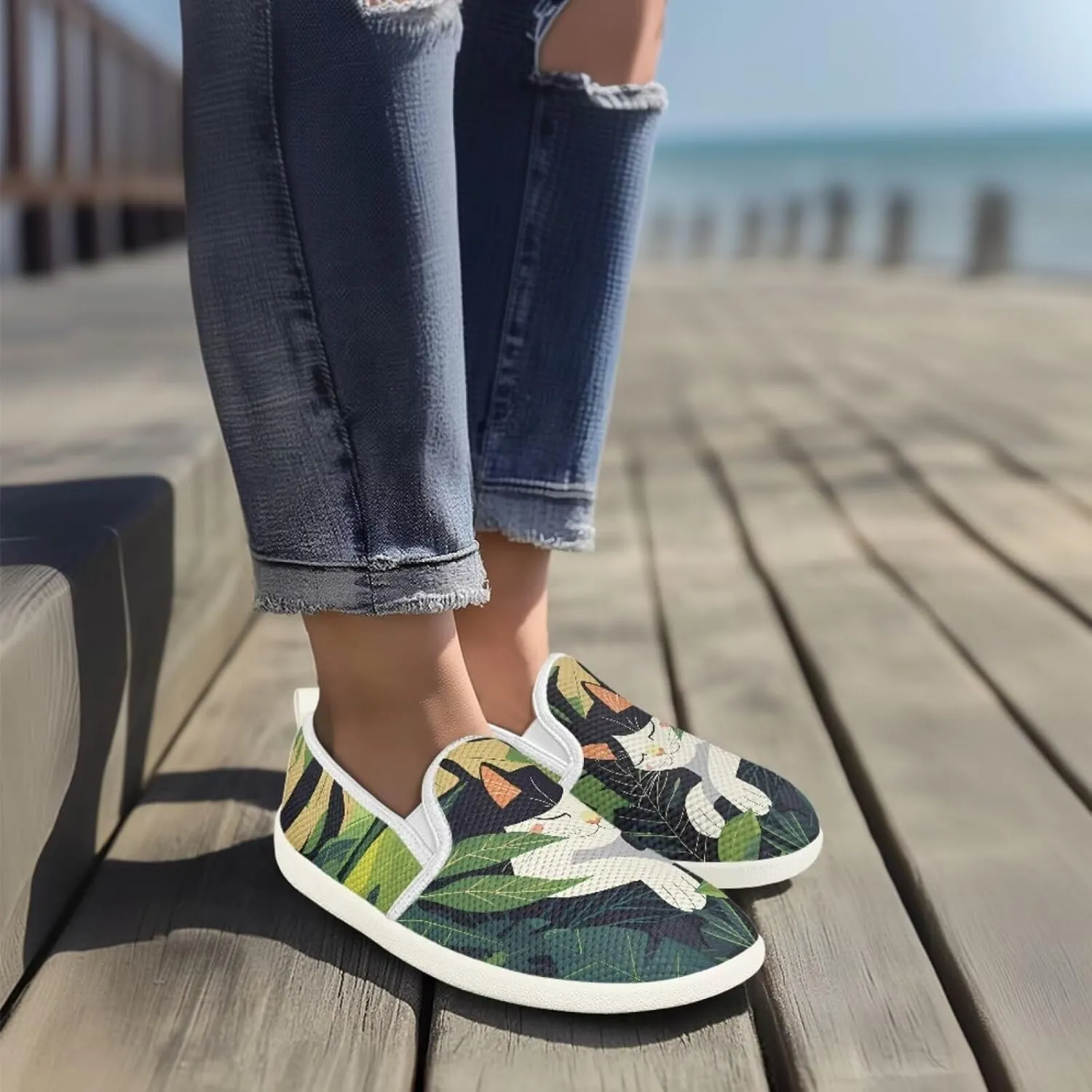 Cat Print Outdoor Shoes Fashion Work Flat Mesh Business Shoes Slip On Leisure Loafer for Women