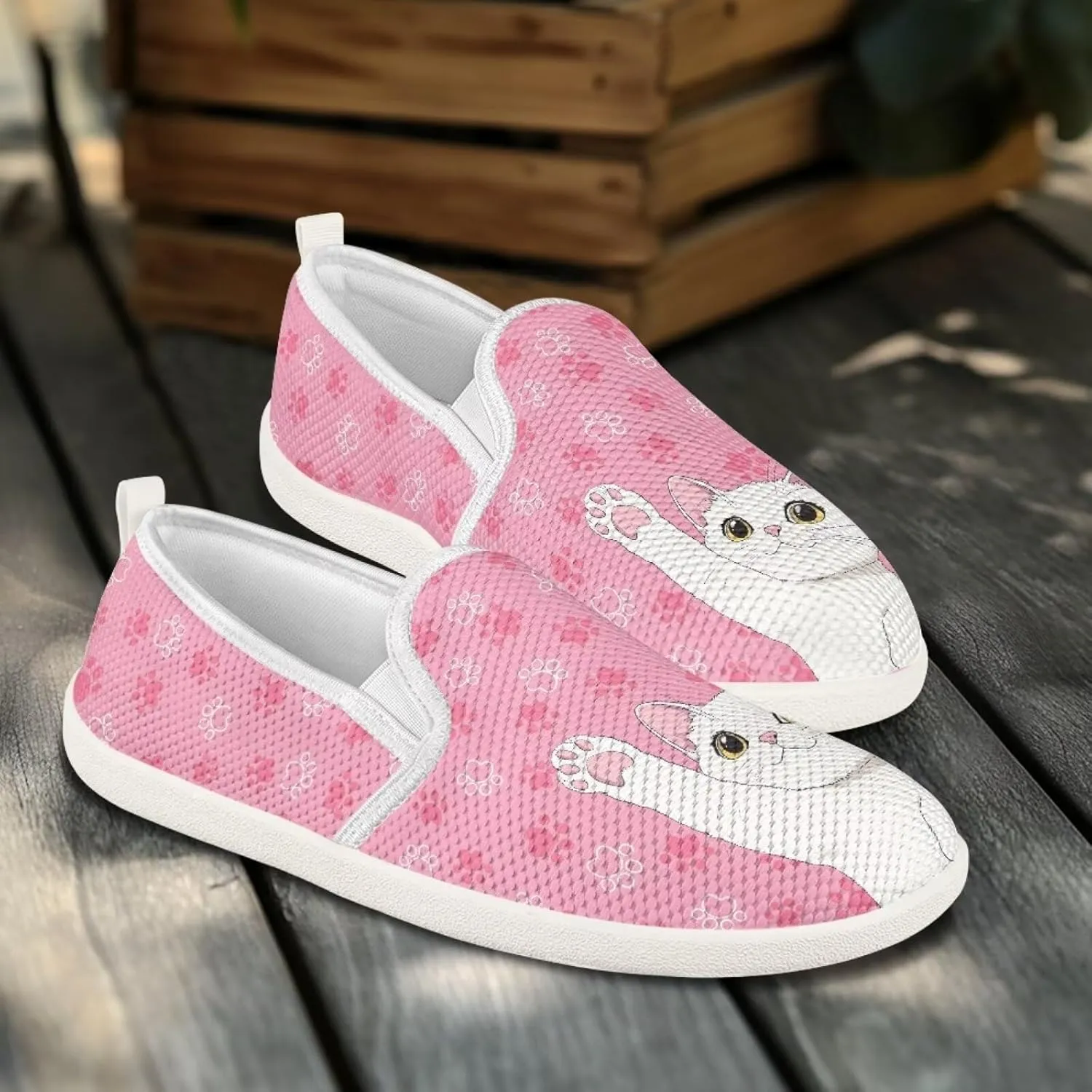 Cat Print Outdoor Shoes Fashion Work Flat Mesh Business Shoes Slip On Leisure Loafer for Women