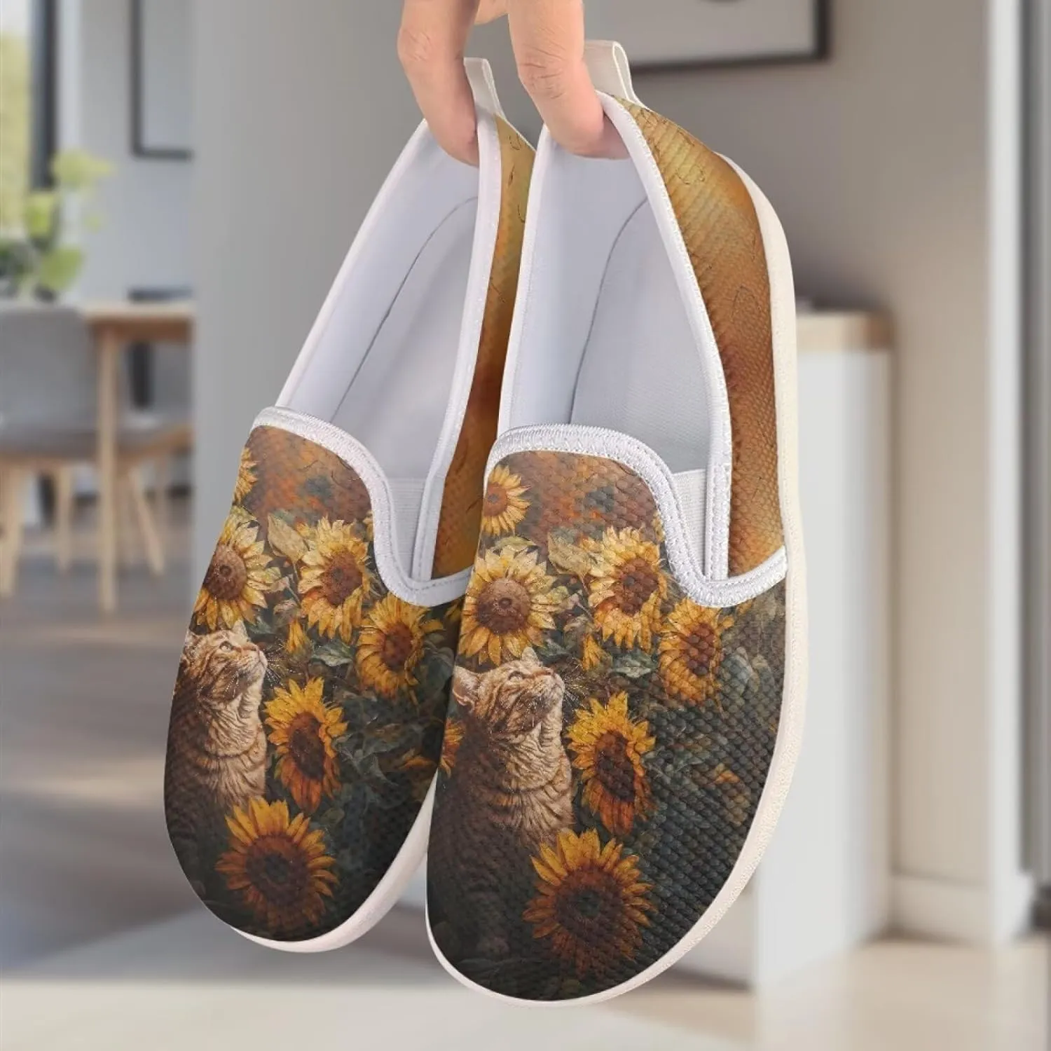 Cat Print Outdoor Shoes Fashion Work Flat Mesh Business Shoes Slip On Leisure Loafer for Women