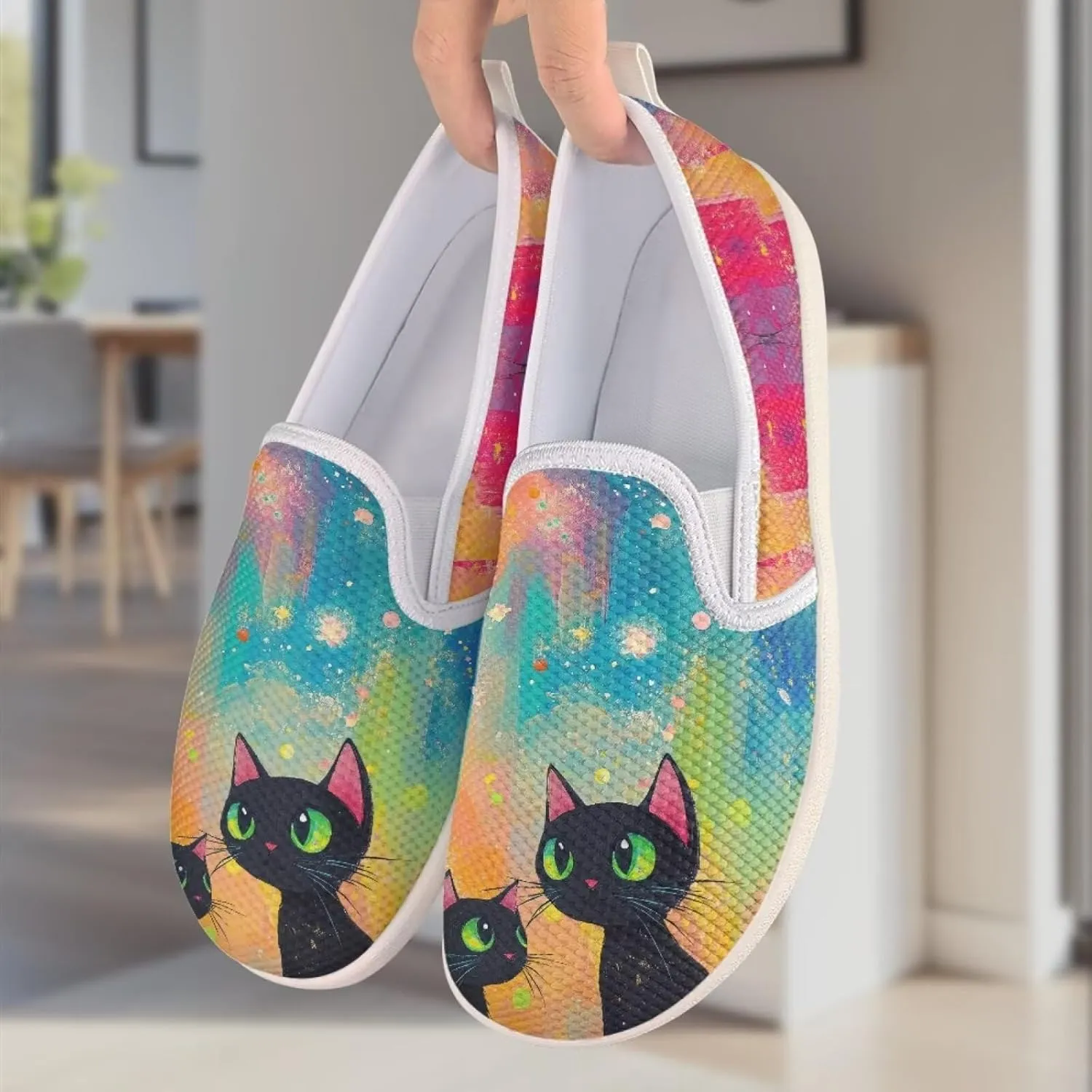 Cat Print Outdoor Shoes Fashion Work Flat Mesh Business Shoes Slip On Leisure Loafer for Women
