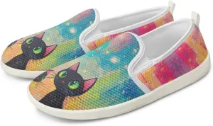Cat Print Outdoor Shoes Fashion Work Flat Mesh Business Shoes Slip On Leisure Loafer for Women