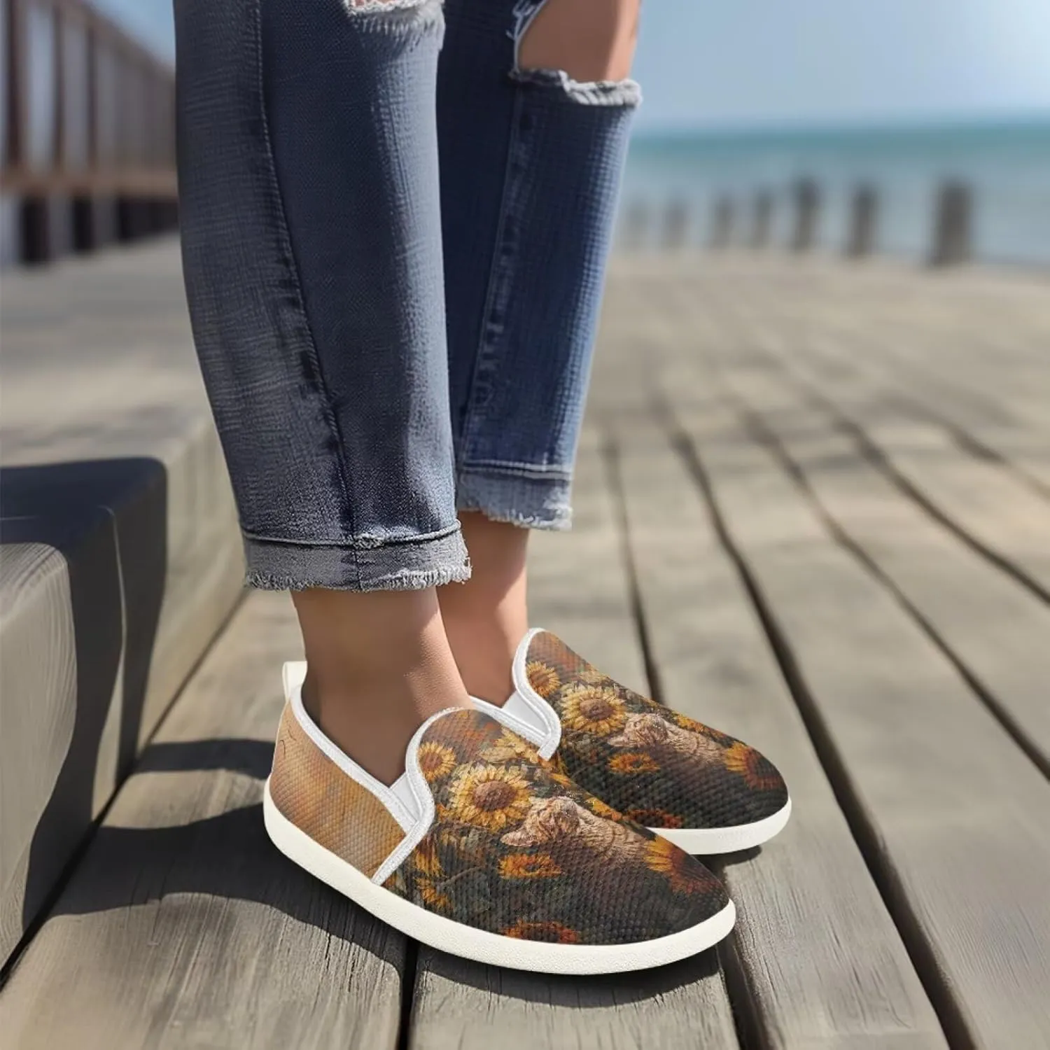 Cat Print Outdoor Shoes Fashion Work Flat Mesh Business Shoes Slip On Leisure Loafer for Women