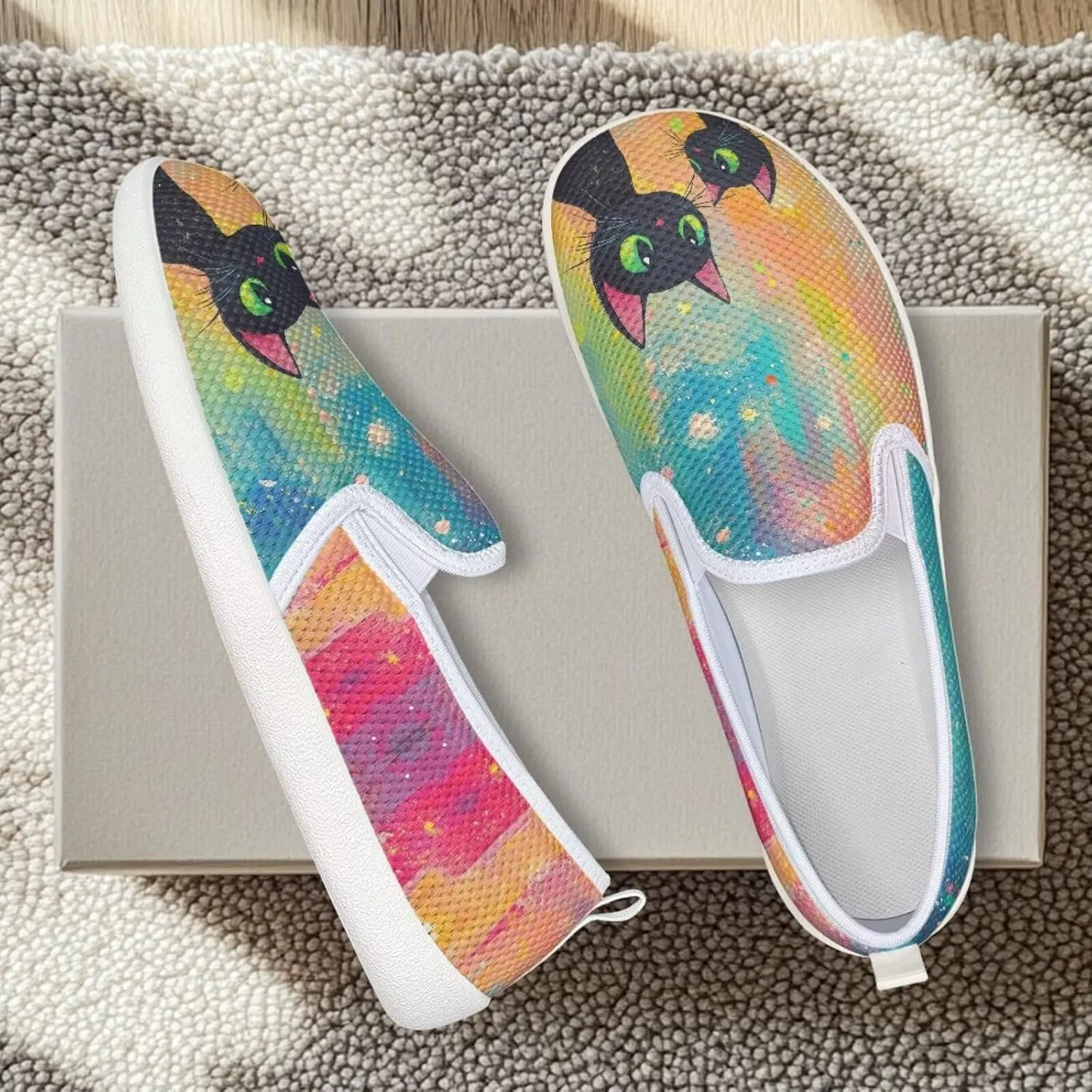 Cat Print Outdoor Shoes Fashion Work Flat Mesh Business Shoes Slip On Leisure Loafer for Women