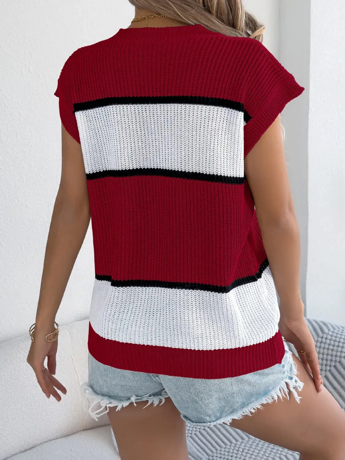Color Block Round Neck Cap Sleeve Knit Top