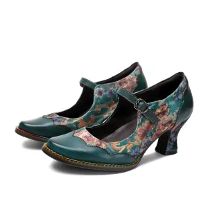 CrazycatZ Women's Leather Mary Jane Shoes Mary Jane Colorful Leather Oxfords Vintage Black Dark Green