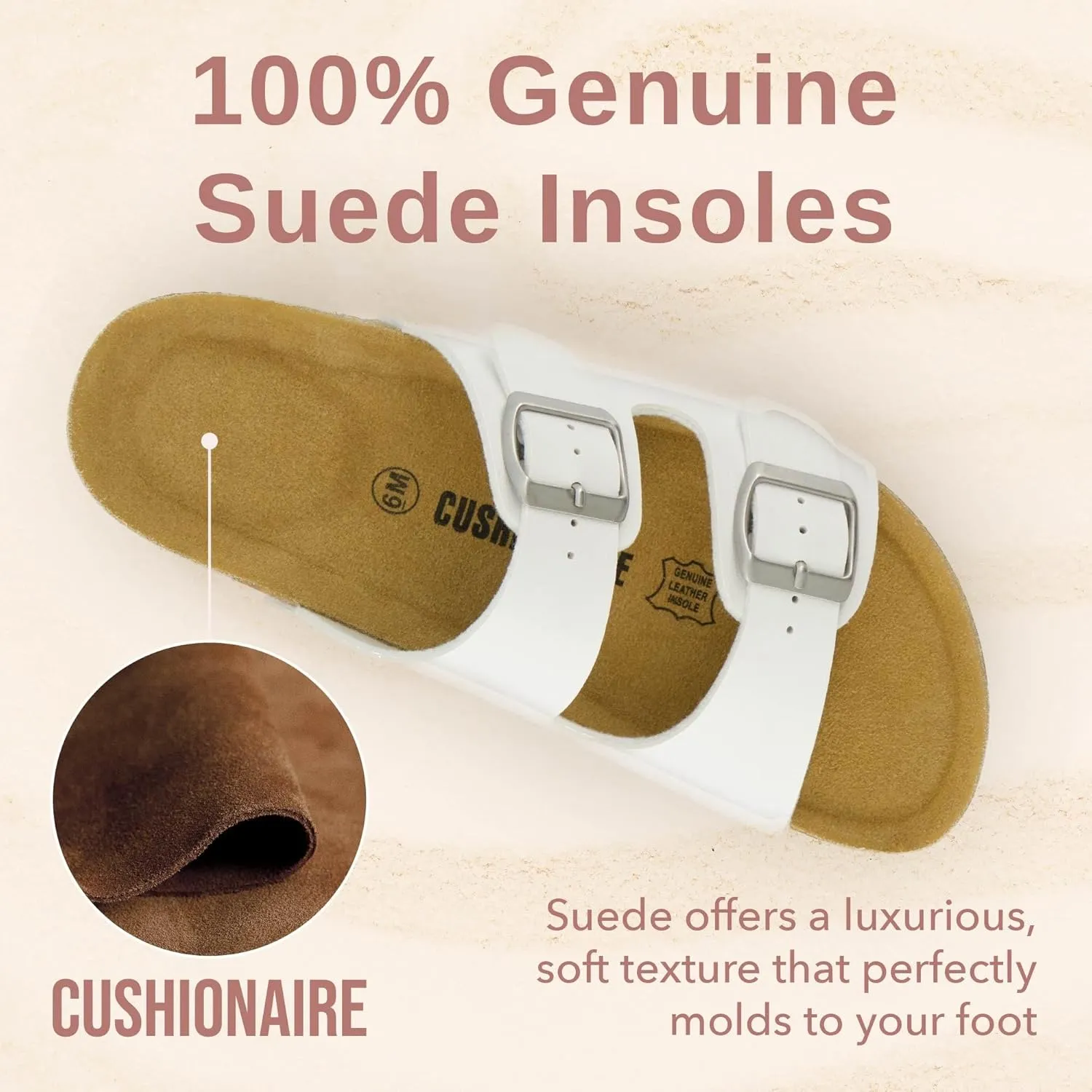 CUSHIONAIRE Lane Cork Footbed Sandals for Women  Comfortable Double Buckle Slip-On with Genuine Suede Footbed & Arch Support Slides for Women Footwear