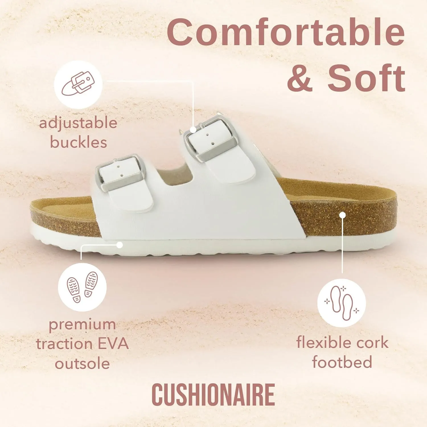 CUSHIONAIRE Lane Cork Footbed Sandals for Women  Comfortable Double Buckle Slip-On with Genuine Suede Footbed & Arch Support Slides for Women Footwear