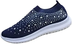 Dimleen Womens Rhinestones Glitter Fashion Mesh Walking Shoe Breathable Slip-on Loafers Non-Slip Orthopedic Arch Support Sock Sneaker (Blue,9,Women,9)