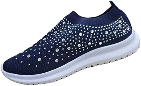 Dimleen Womens Rhinestones Glitter Fashion Mesh Walking Shoe Breathable Slip-on Loafers Non-Slip Orthopedic Arch Support Sock Sneaker (Blue,9,Women,9)