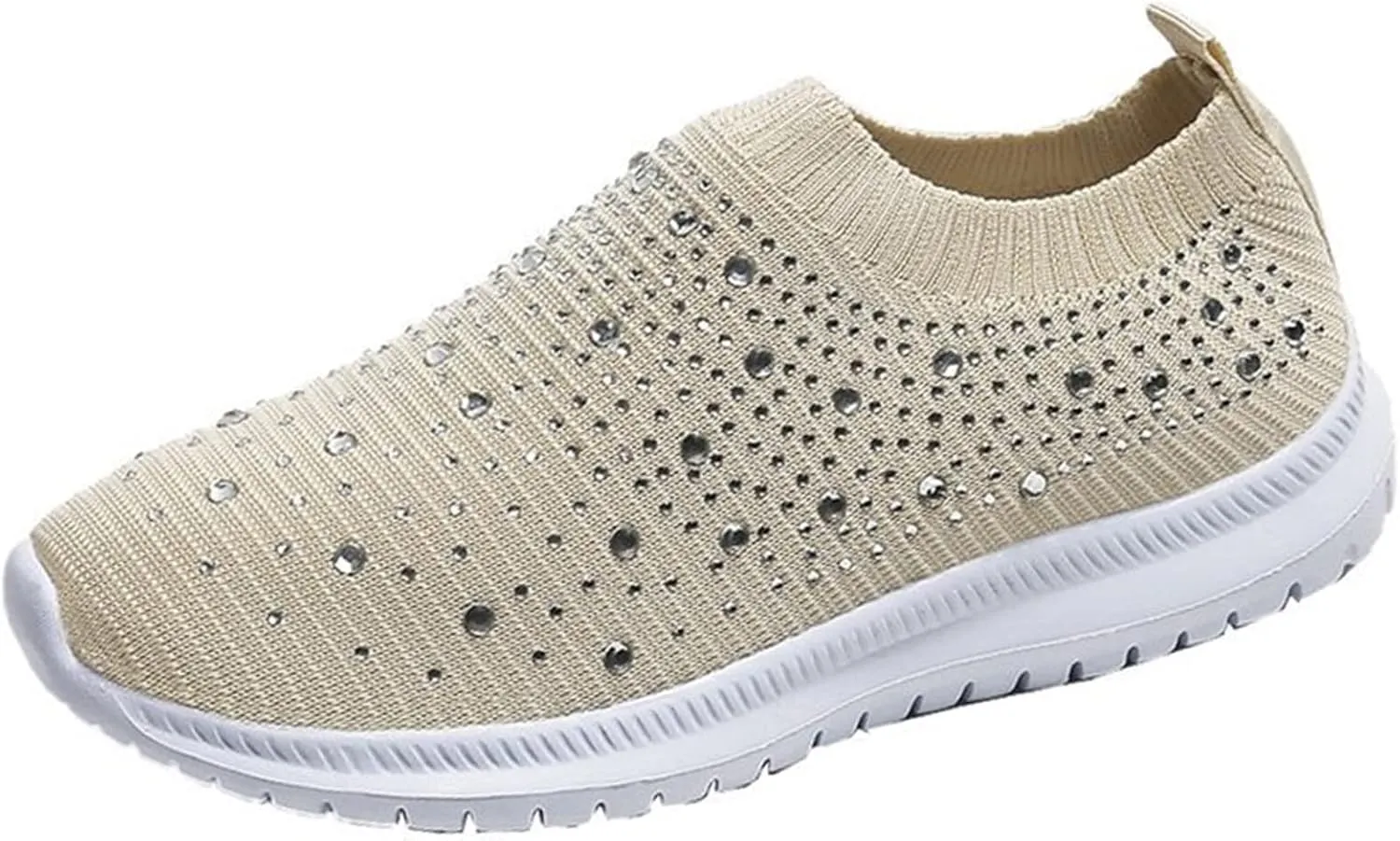 Dimleen Womens Rhinestones Glitter Fashion Mesh Walking Shoe Breathable Slip-on Loafers Non-Slip Orthopedic Arch Support Sock Sneaker (Khaki,9.5,Women,9.5)
