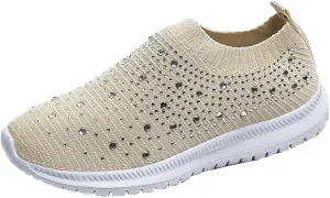 Dimleen Womens Rhinestones Glitter Fashion Mesh Walking Shoe Breathable Slip-on Loafers Non-Slip Orthopedic Arch Support Sock Sneaker (Khaki,9.5,Women,9.5)