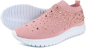 Dimleen Womens Rhinestones Glitter Fashion Mesh Walking Shoe Breathable Slip-on Loafers Non-Slip Orthopedic Arch Support Sock Sneaker (Pink,6,Women,6)