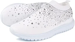 Dimleen Womens Rhinestones Glitter Fashion Mesh Walking Shoe Breathable Slip-on Loafers Non-Slip Orthopedic Arch Support Sock Sneaker (White,7,Women,7)