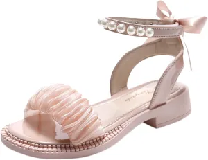 Girls Beaded Strap Sandals Flat Wide Shoes for Wedding Dance Recital Open Toe Fancy Dress Comfort Rubber Sole