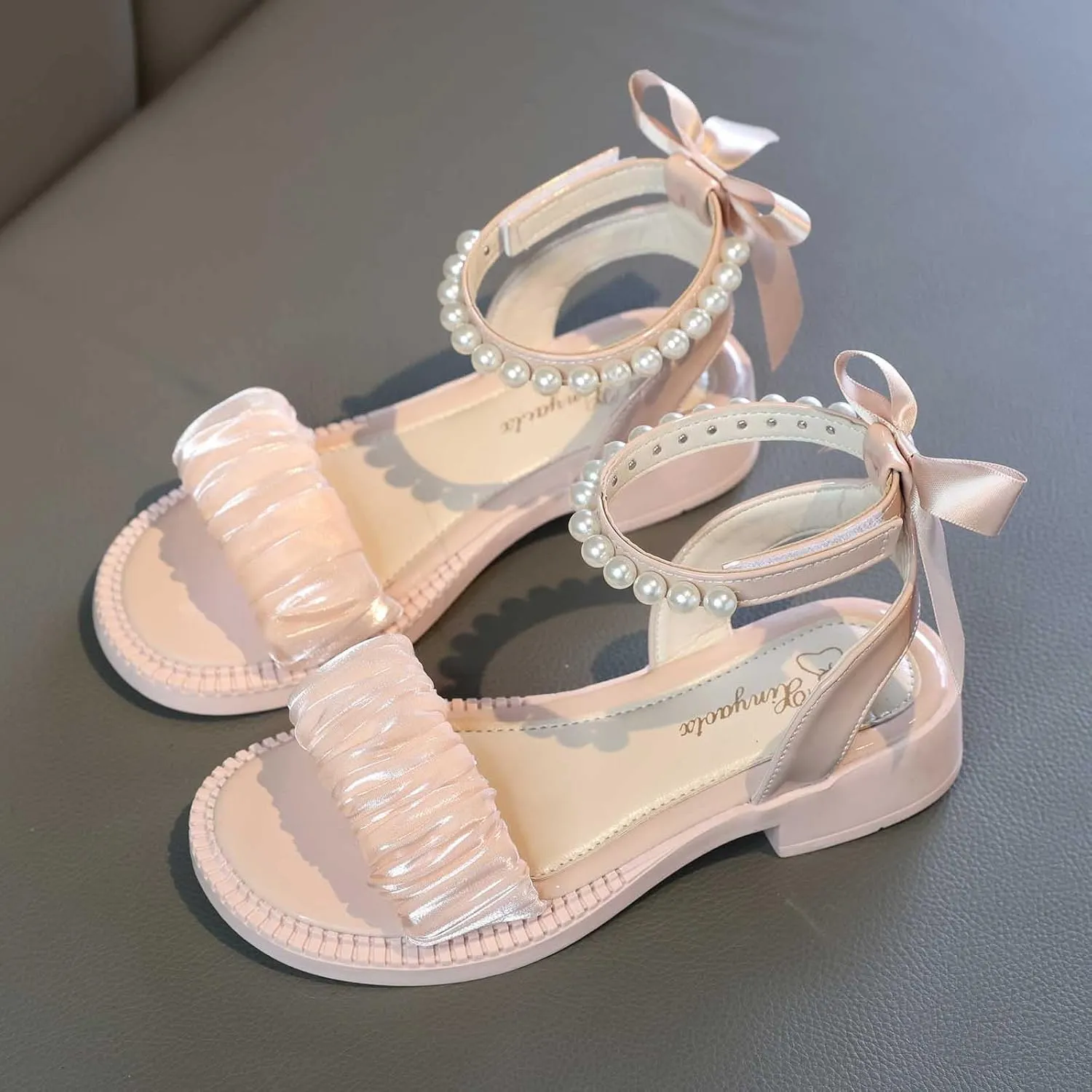 Girls Beaded Strap Sandals Flat Wide Shoes for Wedding Dance Recital Open Toe Fancy Dress Comfort Rubber Sole