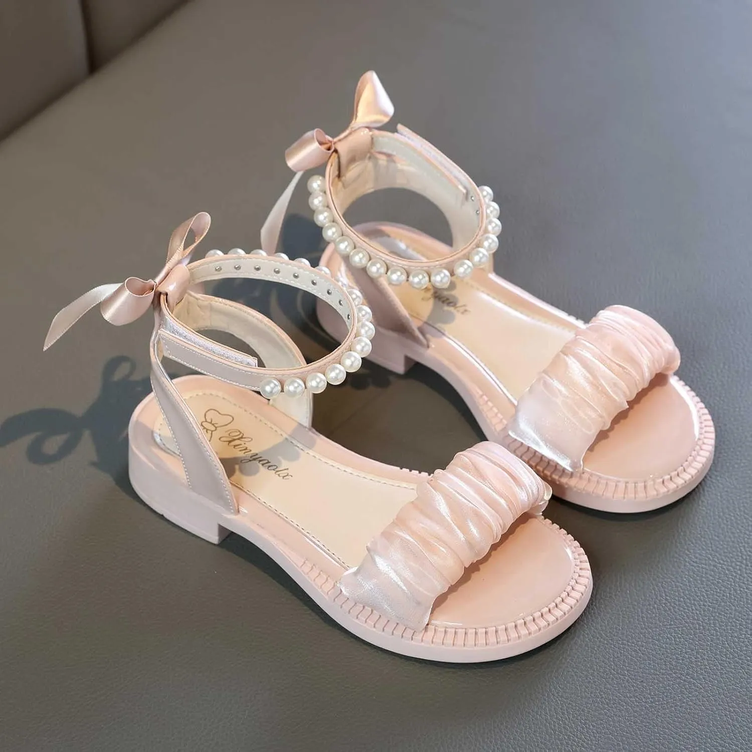 Girls Beaded Strap Sandals Flat Wide Shoes for Wedding Dance Recital Open Toe Fancy Dress Comfort Rubber Sole