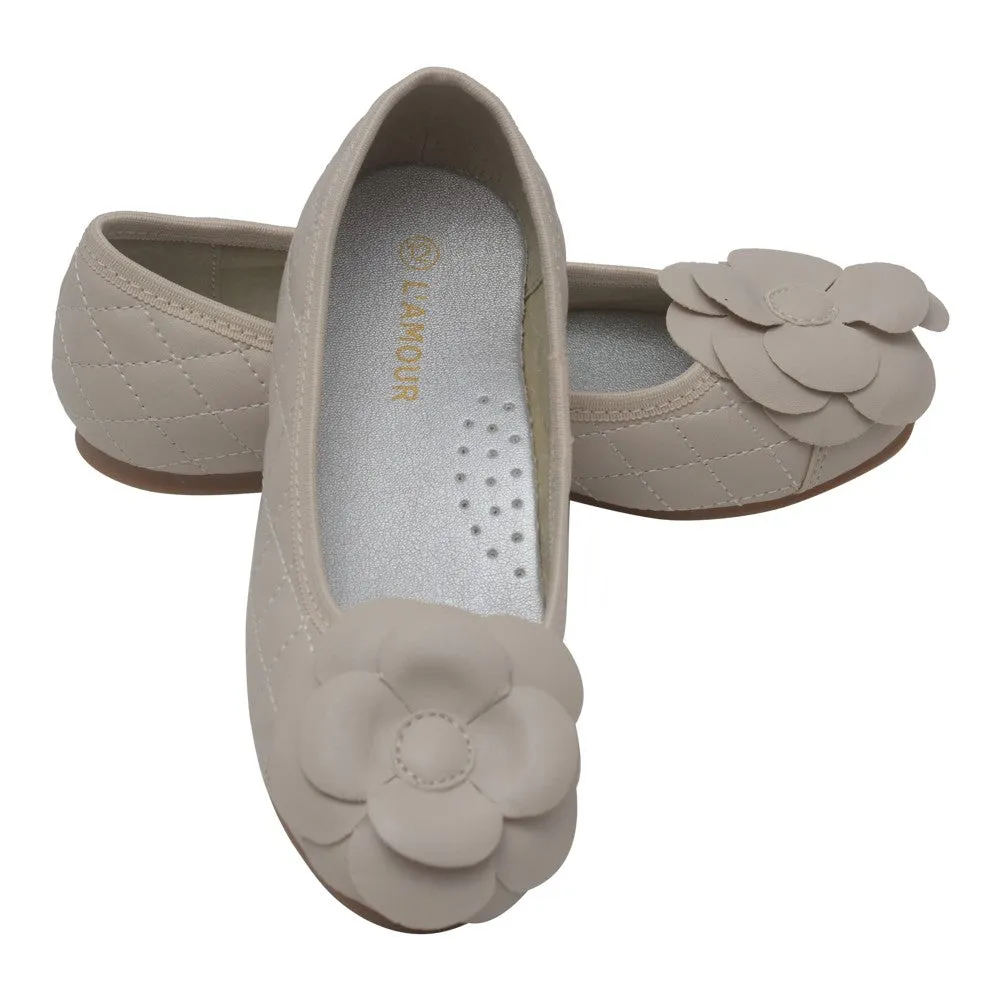 Girls Cream Quilted Flower Ballet Trendy Flats 7-10 Toddler