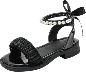 Girls Dress Sandals Fashion Bow Summer Wedding with Adjustable Ankle Strap Glitter Heel Flat Shoes Jelly Toddler