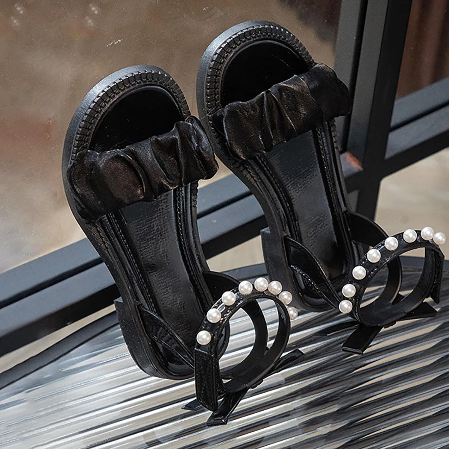 Girls Dress Sandals Fashion Bow Summer Wedding with Adjustable Ankle Strap Glitter Heel Flat Shoes Jelly Toddler