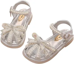 Girls Sandals Kids Baby Summer Girls Closed Toe Sandals Pearl Glitter Diamond Crystal Bow Princess Shoes Little