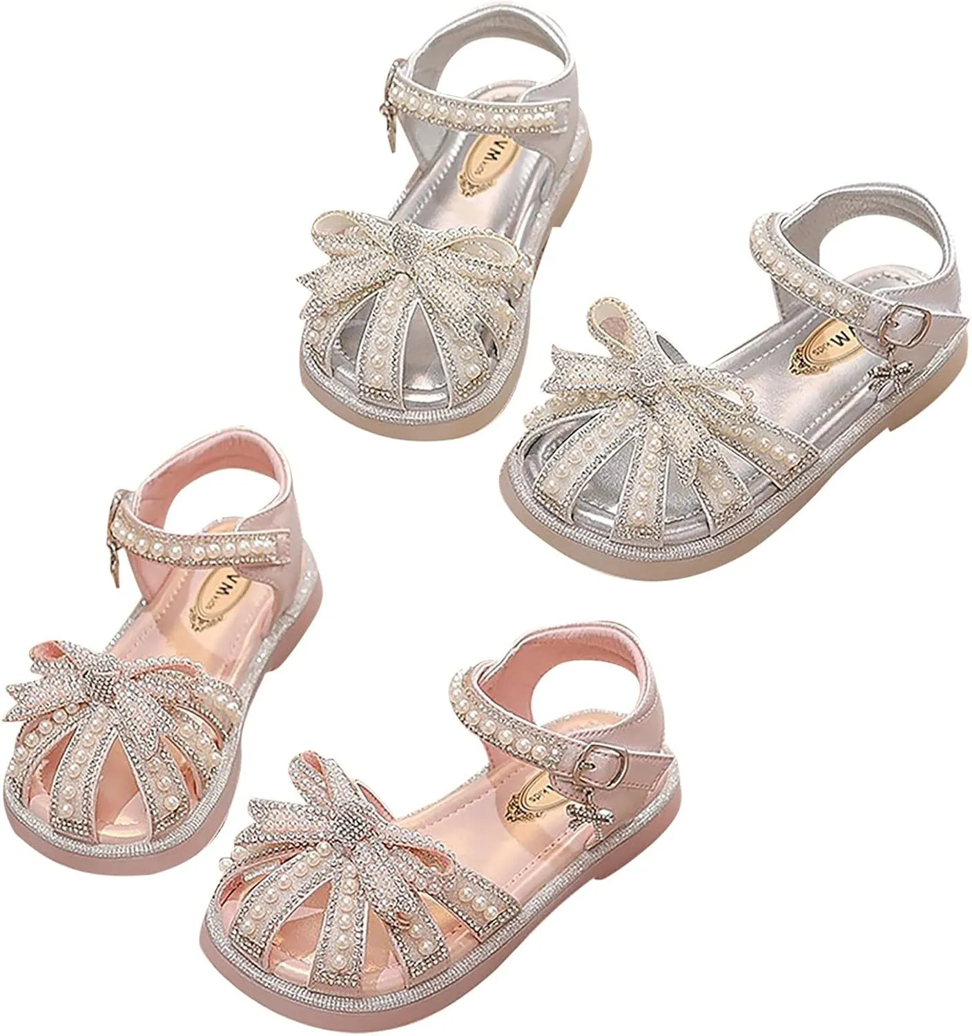Girls Sandals Kids Baby Summer Girls Closed Toe Sandals Pearl Glitter Diamond Crystal Bow Princess Shoes Little