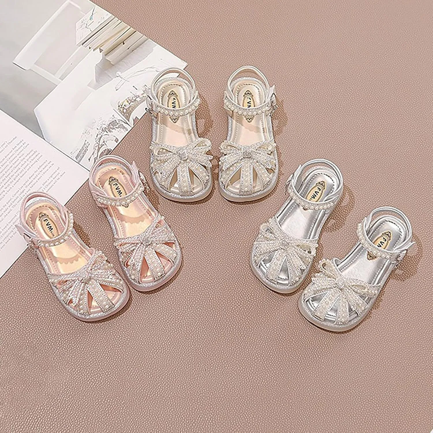 Girls Sandals Kids Baby Summer Girls Closed Toe Sandals Pearl Glitter Diamond Crystal Bow Princess Shoes Little