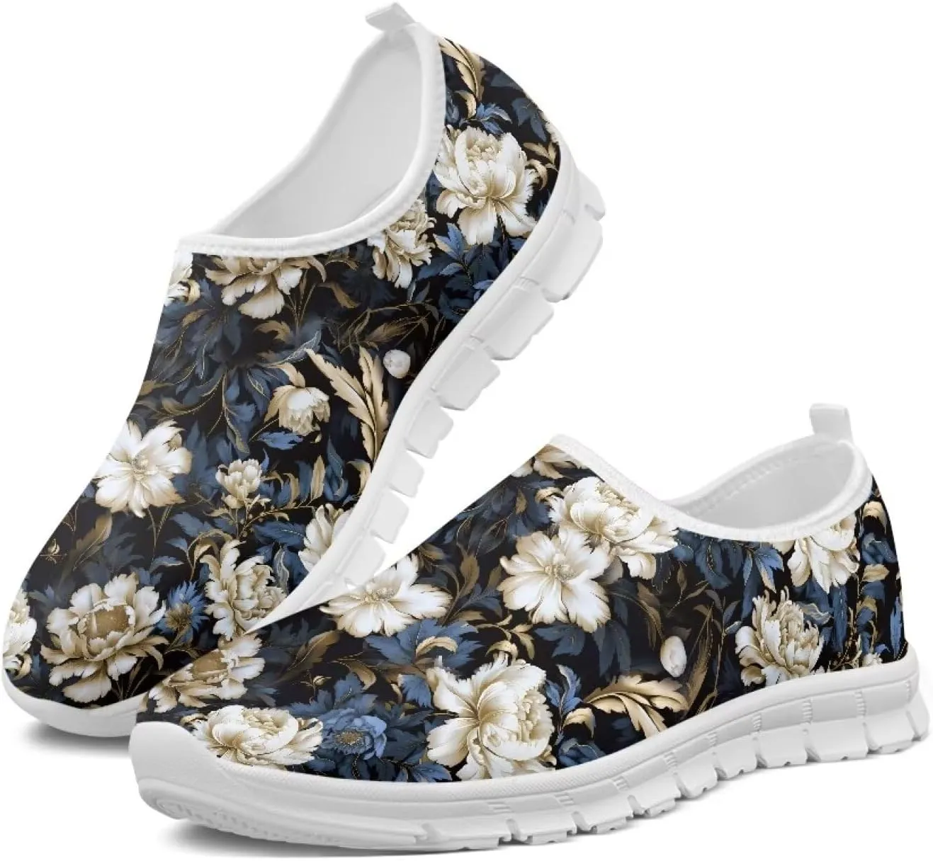 GOSTONG Floral Art Sneakers for Women Retro Low-Cut Slip-on Home Loafers Lightweight Soft Soled Comfort Outdoor Running Travel Sneakers White US 5 to 11.5