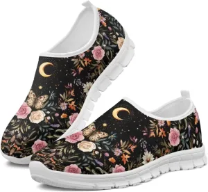GOSTONG Floral Art Sneakers for Women Retro Low-Cut Slip-on Home Loafers Lightweight Soft Soled Comfort Outdoor Running Travel Sneakers White US 5 to 11.5