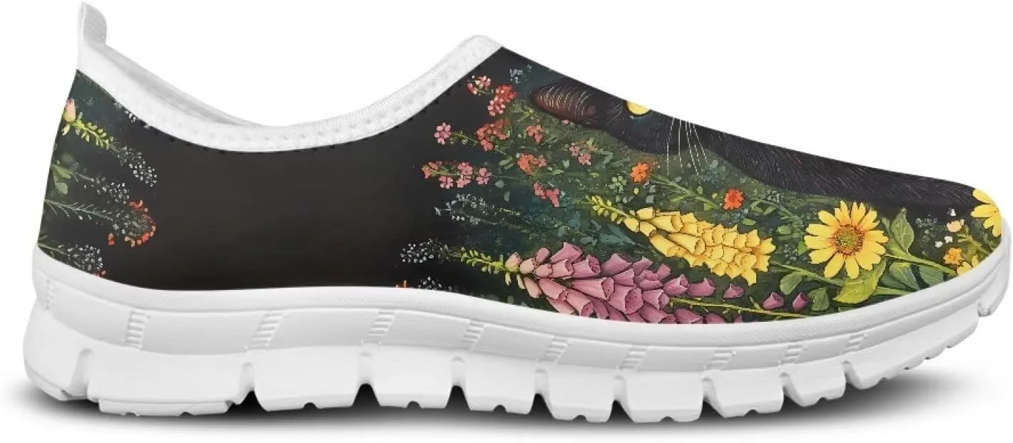 GOSTONG Floral Art Sneakers for Women Retro Low-Cut Slip-on Home Loafers Lightweight Soft Soled Comfort Outdoor Running Travel Sneakers White US 5 to 11.5