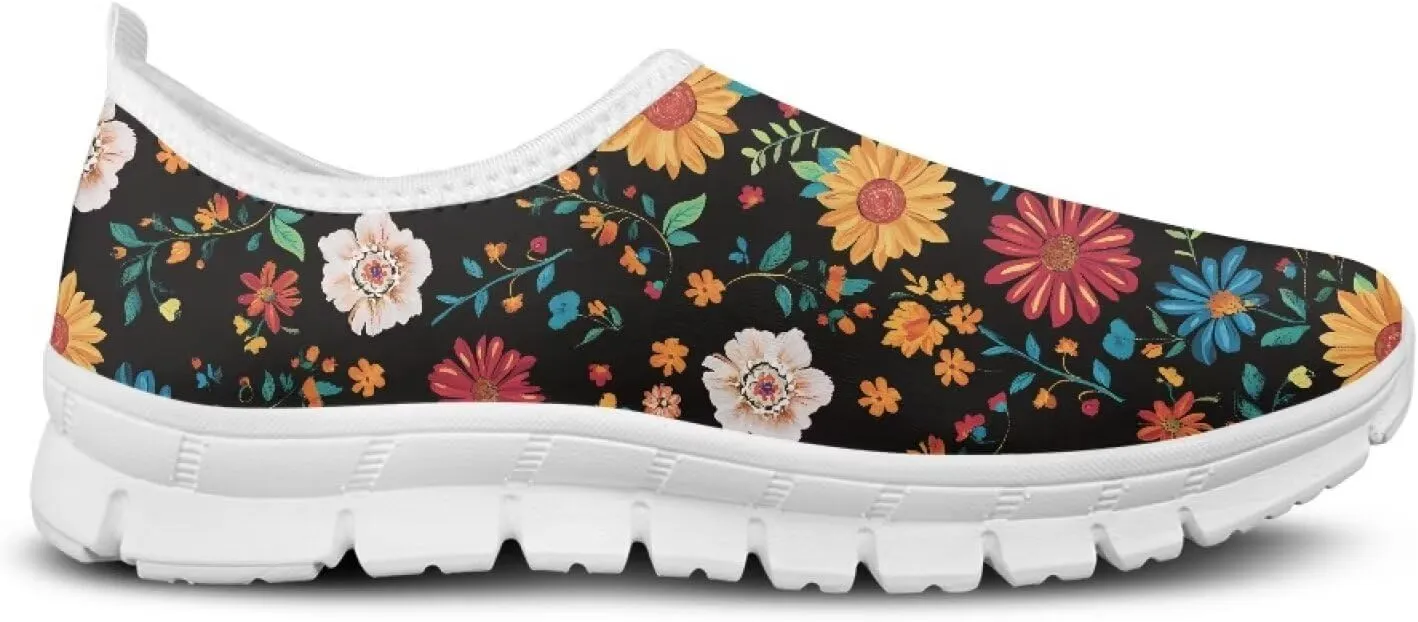 GOSTONG Floral Art Sneakers for Women Retro Low-Cut Slip-on Home Loafers Lightweight Soft Soled Comfort Outdoor Running Travel Sneakers White US 5 to 11.5