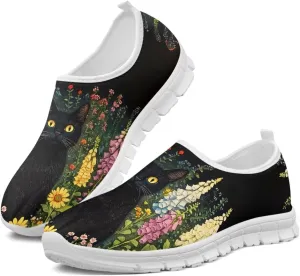 GOSTONG Floral Art Sneakers for Women Retro Low-Cut Slip-on Home Loafers Lightweight Soft Soled Comfort Outdoor Running Travel Sneakers White US 5 to 11.5