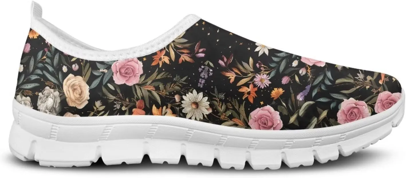 GOSTONG Floral Art Sneakers for Women Retro Low-Cut Slip-on Home Loafers Lightweight Soft Soled Comfort Outdoor Running Travel Sneakers White US 5 to 11.5