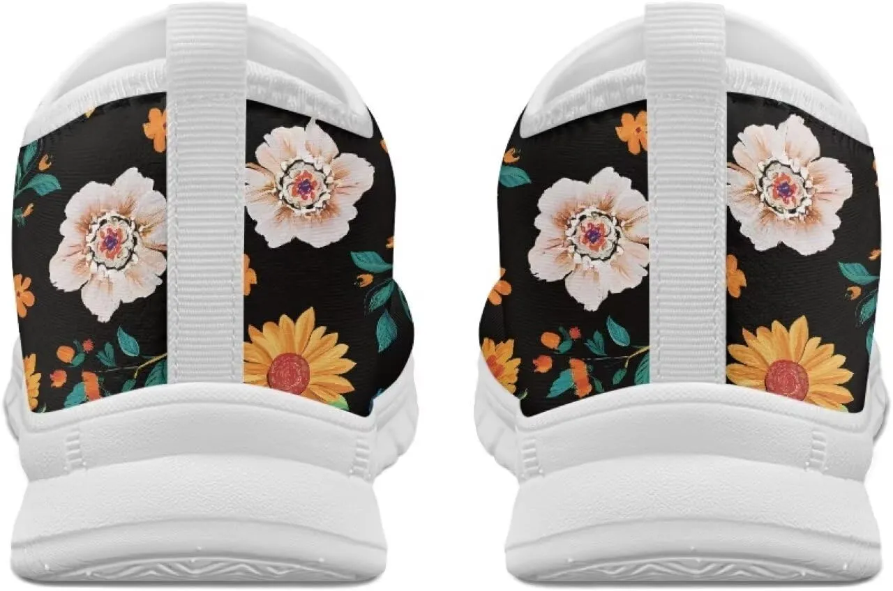 GOSTONG Floral Art Sneakers for Women Retro Low-Cut Slip-on Home Loafers Lightweight Soft Soled Comfort Outdoor Running Travel Sneakers White US 5 to 11.5